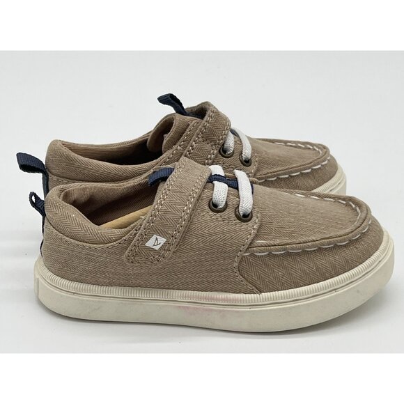 Sperry Toddler Size 7 Herringbone Boat Shoes Beige & Navy Hook & Loop - Picture 5 of 9